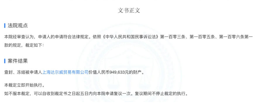 中國法院裁定查封、凍結林瑞陽和張庭創立的價值約新台幣 420 萬的上海達爾威貿易有限公司。 圖：翻攝陸網