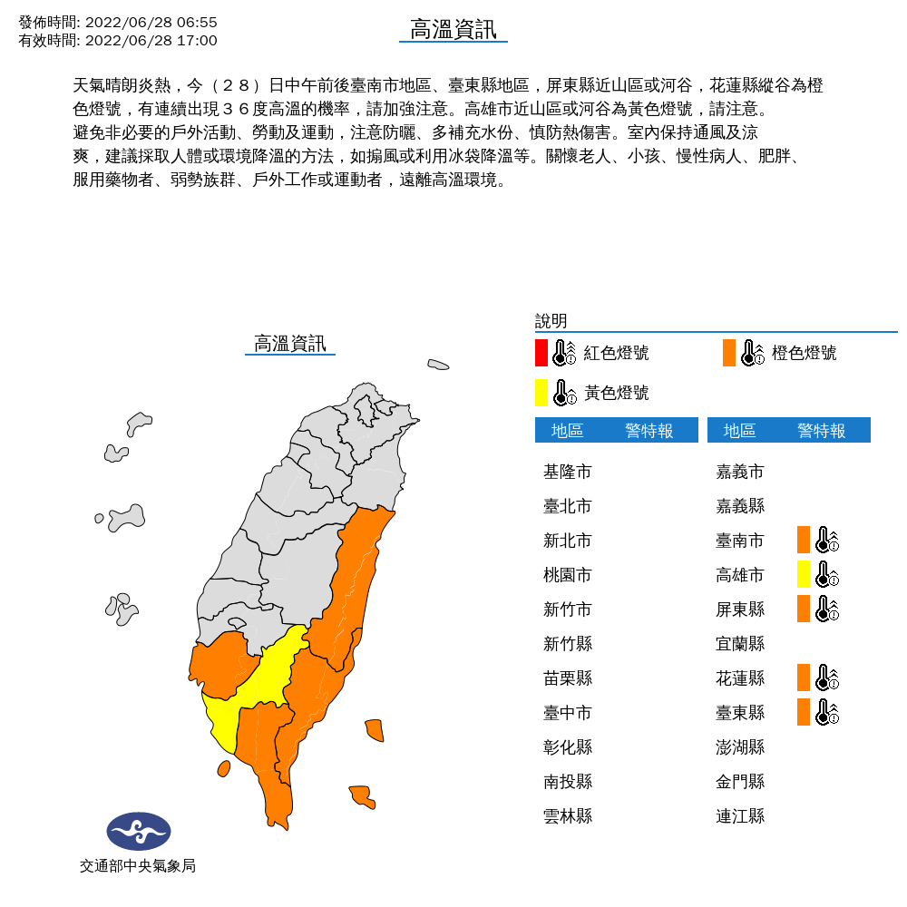 包括台南市、台東縣、屏東縣與花蓮縣，今天都亮起高溫橙色燈號，有連續出現攝氏36度高溫的機率，高雄市近山區也要注意。 圖：中央氣象局/提供