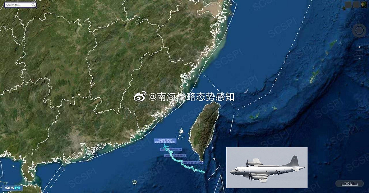 北京大學「南海戰略態勢感知計劃平台」指美軍EP-3E偵察機上午在台灣海峽南端活動，推測可能是「支持美國海軍水面艦艇作業」。 圖：翻攝南海戰略態勢感知微博/新頭殼合成