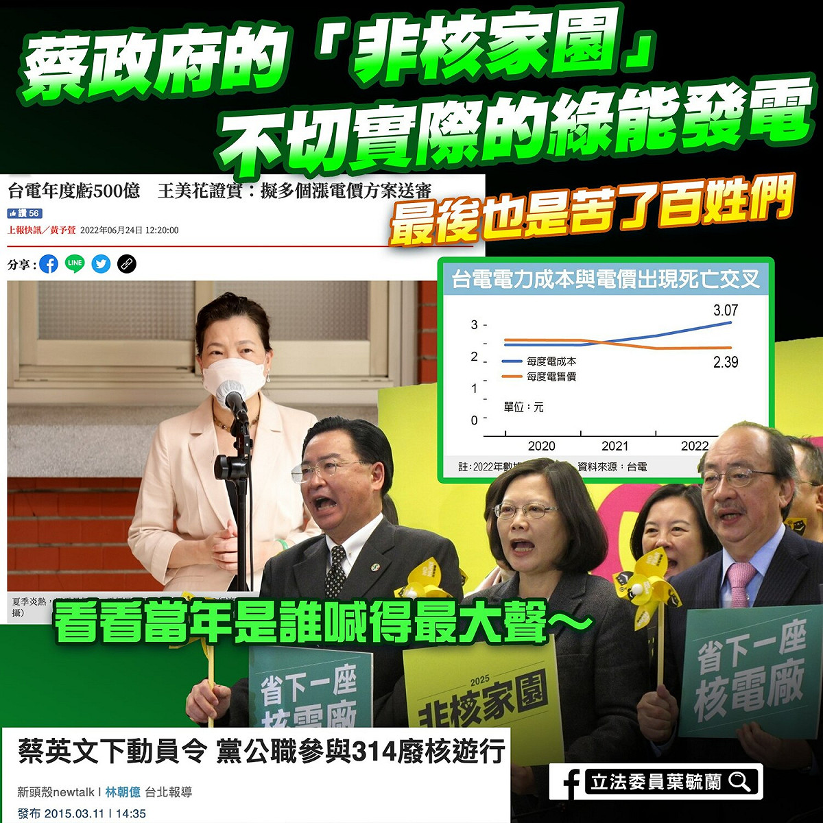 國民黨立委葉毓蘭在臉書痛批蔡政府的能源政策。 圖:翻攝自葉毓蘭臉書