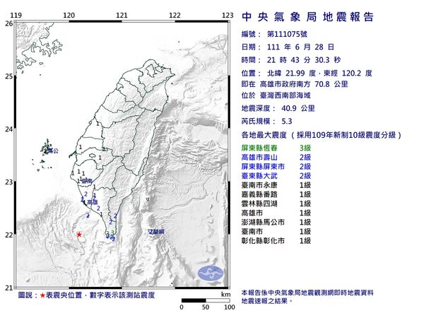 台灣西南海域今（28）天晚間9點43分發生規模5.3地震。 圖：氣象局提供