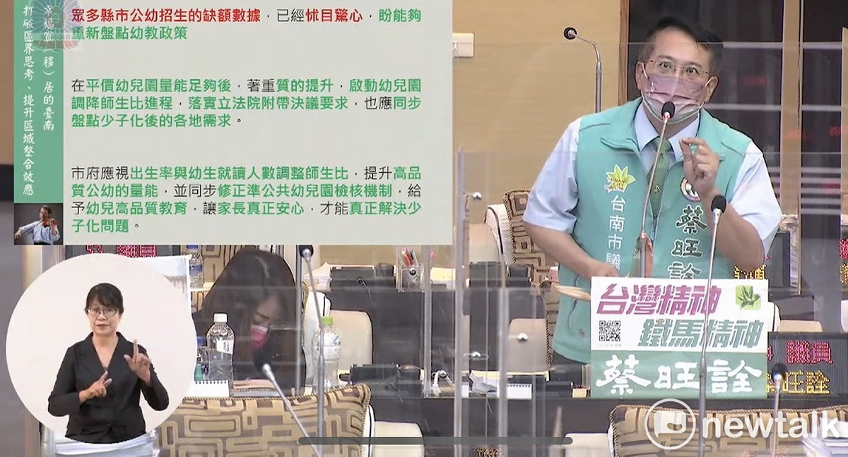 台南市議會今日進行自由發言，市議員蔡旺詮指出，今年公幼招生員額，從原本競爭激烈的擠破頭搶名額，變成雪崩式的下滑，台南市今年招生缺額竟高達2千人。他呼籲市府應及早因應，降低師生比，提升教育品質，並避免教保員及老師面臨裁減命運。 圖：黃博郎／攝