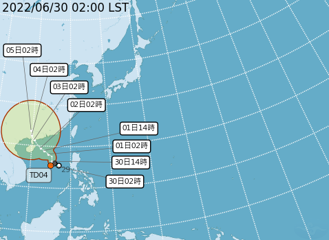 在太平洋上的熱帶性低氣壓30日2時的中心位置，在北緯 15.5 度，東經 115.0 度，以每小時8公里速度，向北北東進行。 圖：中央氣象局/提供