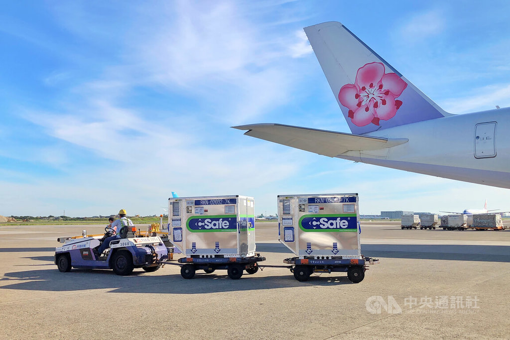 載運疫苗的班機落地後滑行停靠於A9停機坪，經消毒作業後，由地勤人員將放置於貨艙的溫控櫃卸下，完成通關作業後經拖車送往貨物碼頭裝入冷鏈貨車，直接運送至指定冷儲物流中心進行後續檢驗封緘作業。 圖：中央社