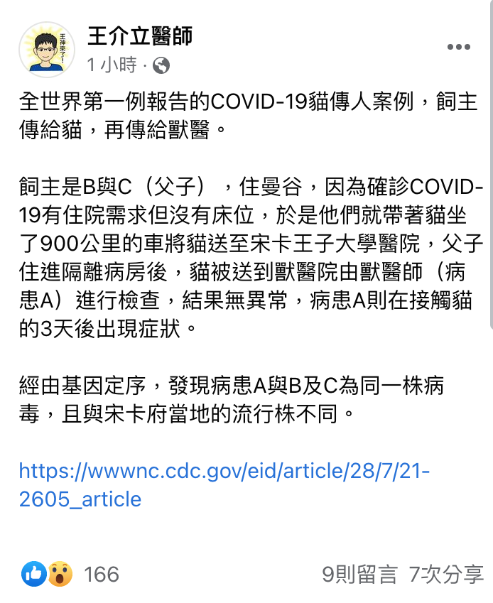 醫生王介立今在臉書上表示，全世界已出現第一起COVID-19貓傳人案例，為1名泰國染疫者傳染給他的貓，而這隻貓再傳給獸醫。 圖：翻攝自王介立醫師 臉書