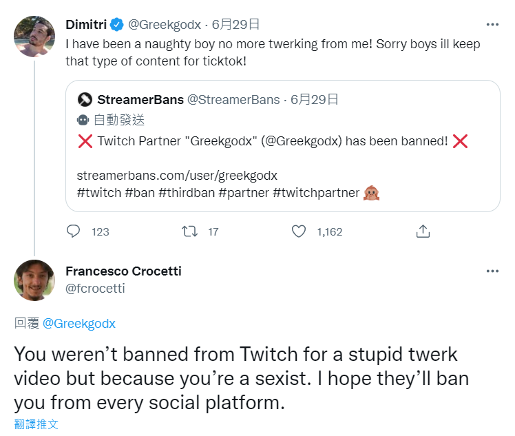 Greekgodx嘴硬稱是因為他在實況中跳電臀舞所導致，並表示將在3天後回歸，但有網友明確指出「他們會禁止你是因為你是性別歧視者，我希望他們禁止你在任何一個平台上出現。」 圖：翻攝自Greekgodx Twitter
