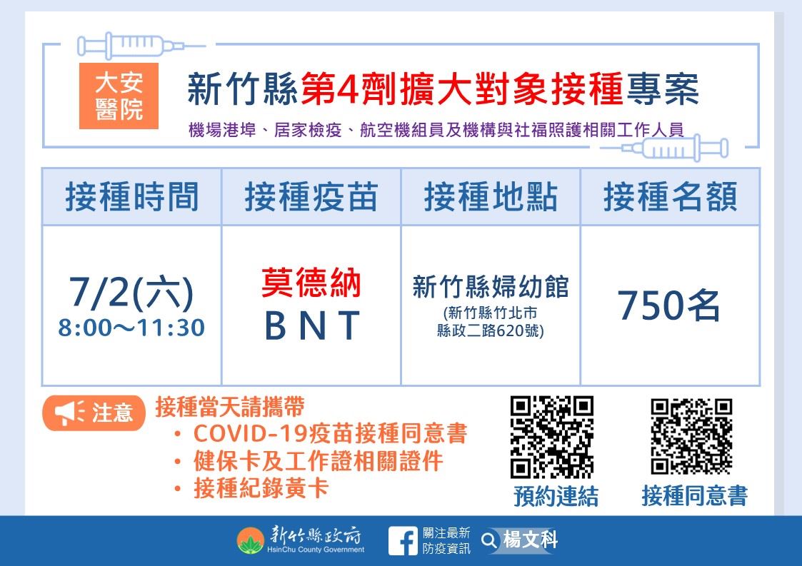 新竹縣第4劑擴大對象接種專案。 圖：新竹縣政府提供