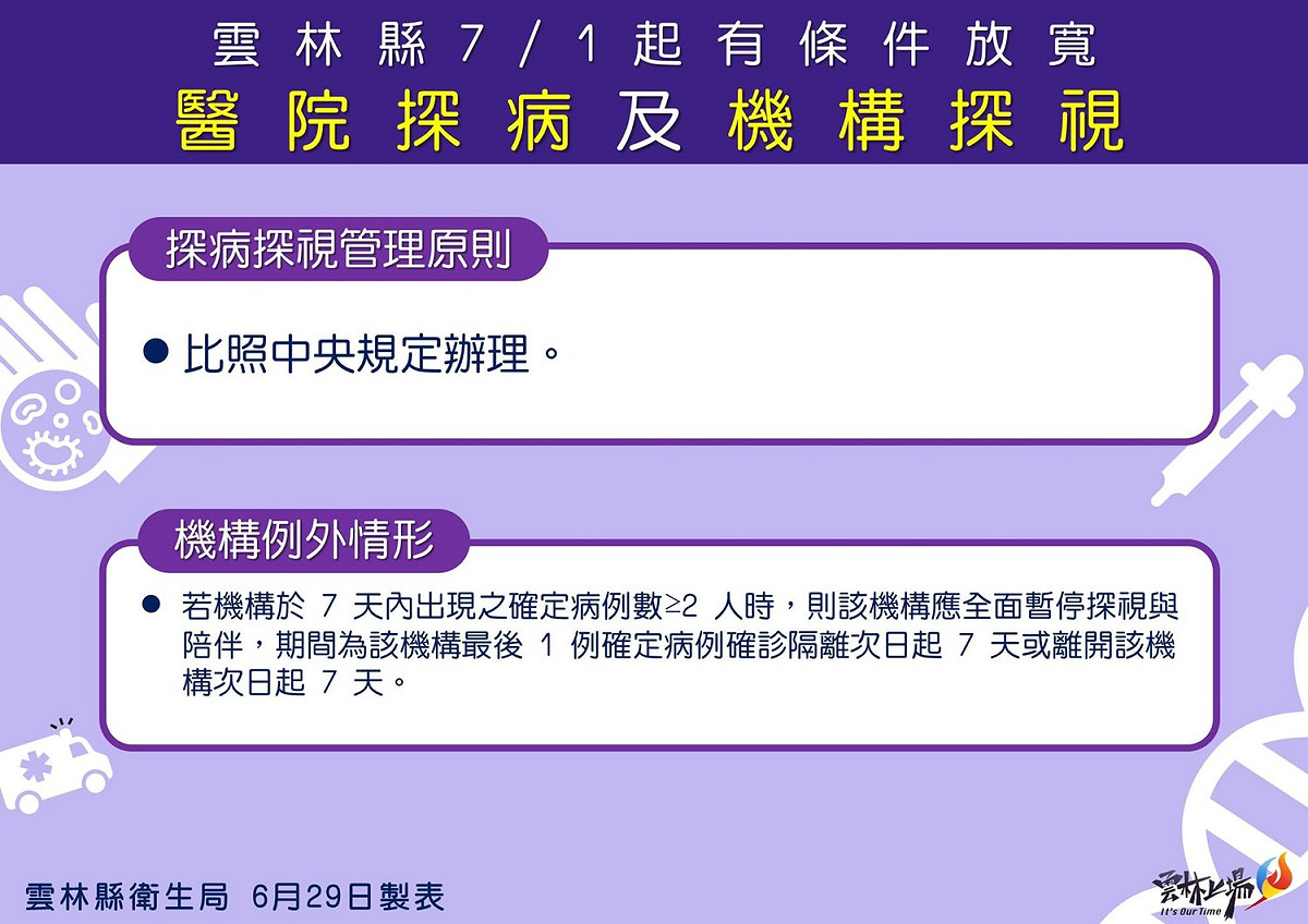 雲林縣醫院探病及機構探視條件。 圖：雲林縣政府提供