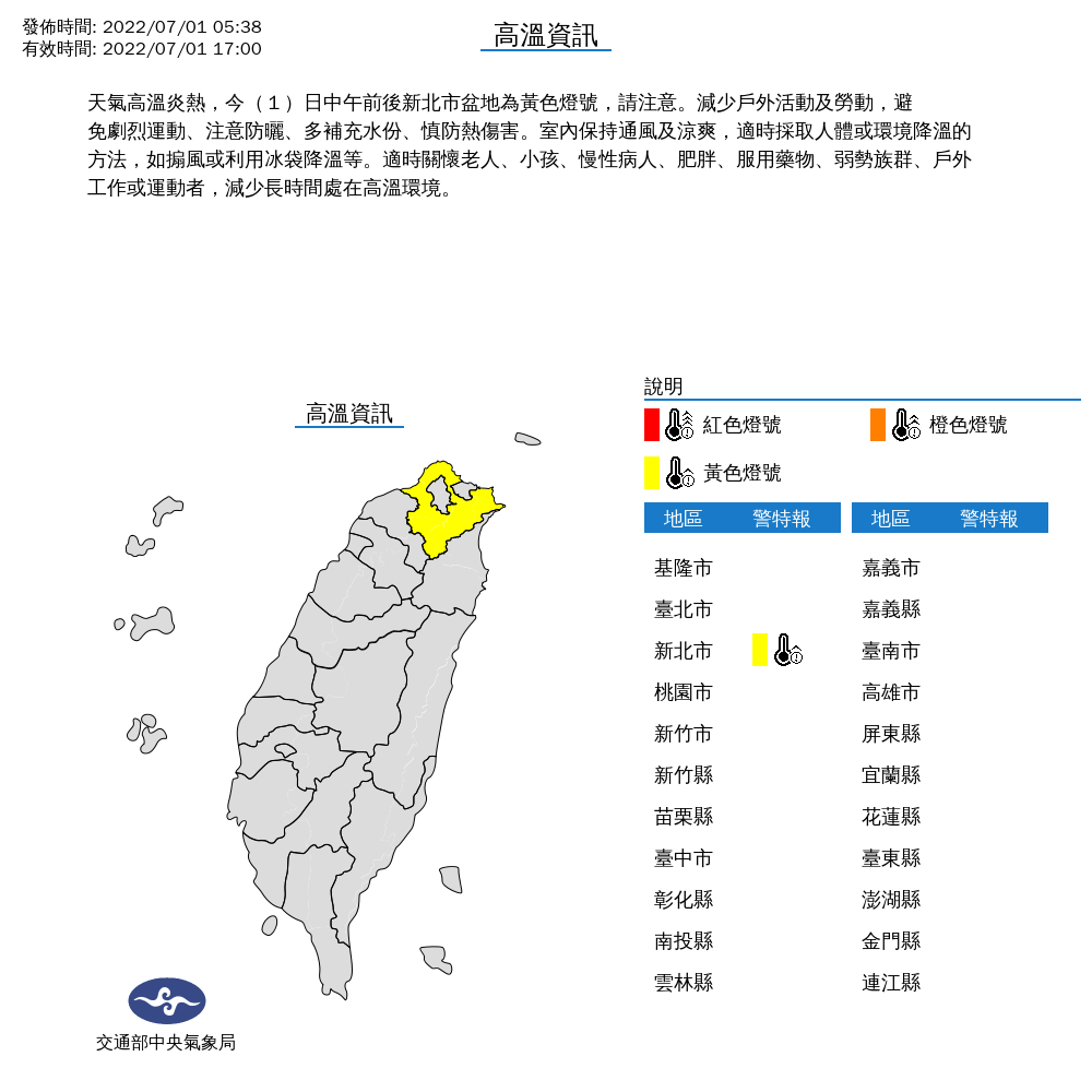 中央氣象局對新北市發布高溫特報。 圖：中央氣象局／提供
