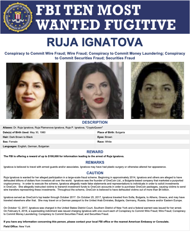 「加密貨幣女王」魯加·伊格納托娃（Ruja Ignatova）被列入十大通緝要犯名單。 圖：擷取自美國聯邦調查局（FBI）網站