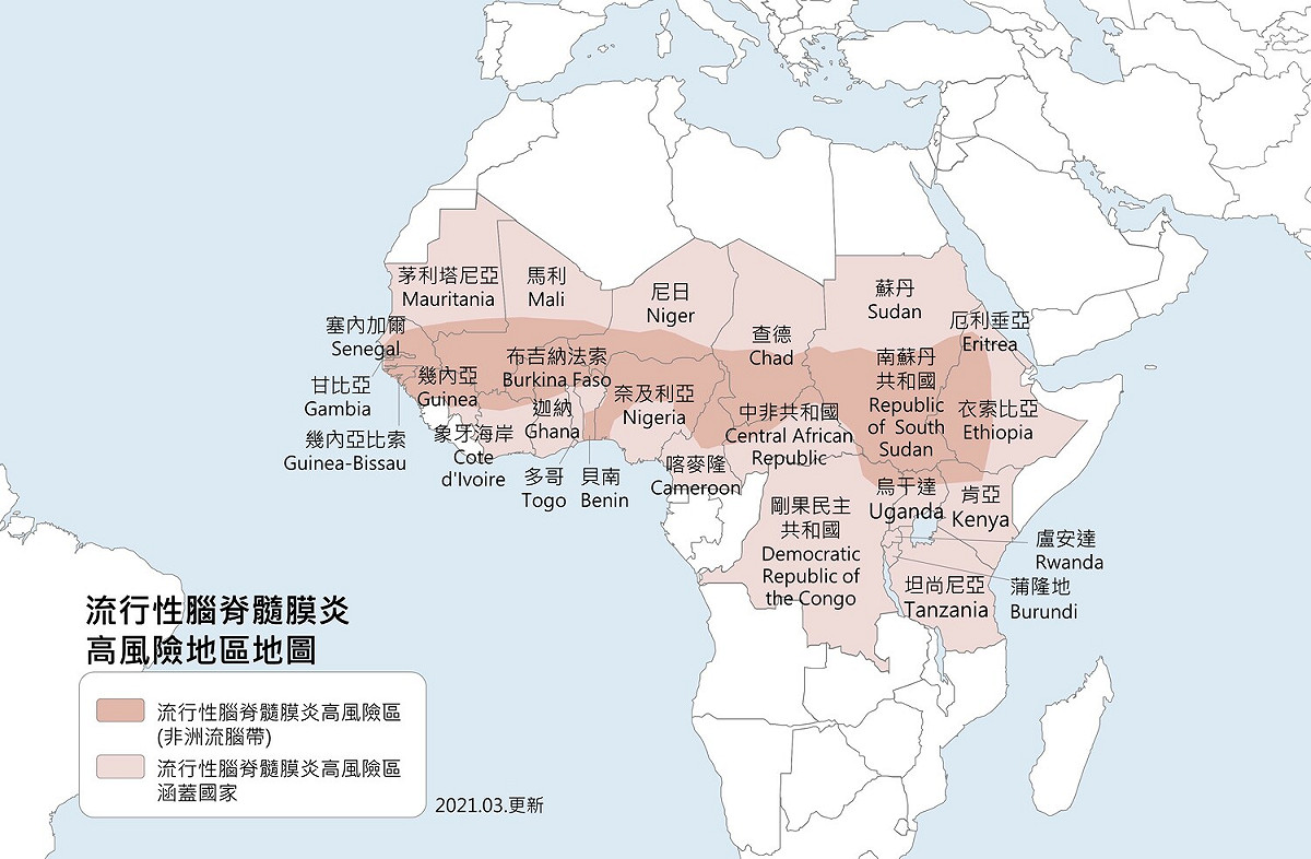 圖為流行性腦脊髓膜炎高風險地區地圖。 圖：疾病管制署提供