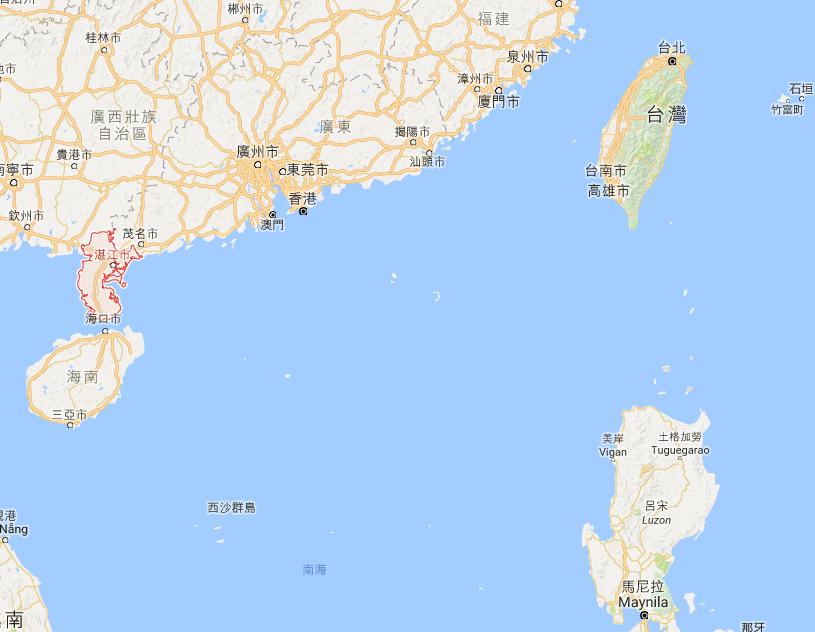 中俄在南海進行「海上聯合-2016」軍演，演習地點為廣東湛江以東海空領域。  圖：翻攝google地圖