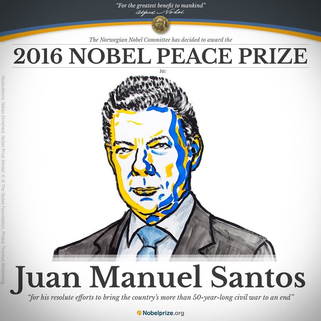 2016年諾貝爾和平獎得主7日揭曉，由倫比亞總統桑托斯（Juan Manuel Santos）獲獎。 圖：翻攝諾貝爾獎官網