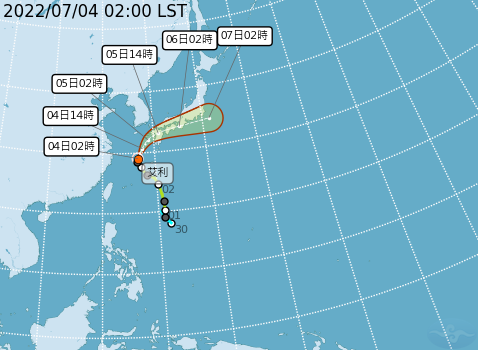 編號第04號的輕颱艾利，今天凌晨2時的中心位置在台北東北方700公里海面上，以每小時17公里速度，向北北東轉東北進行。 圖：中央氣象局/.提供