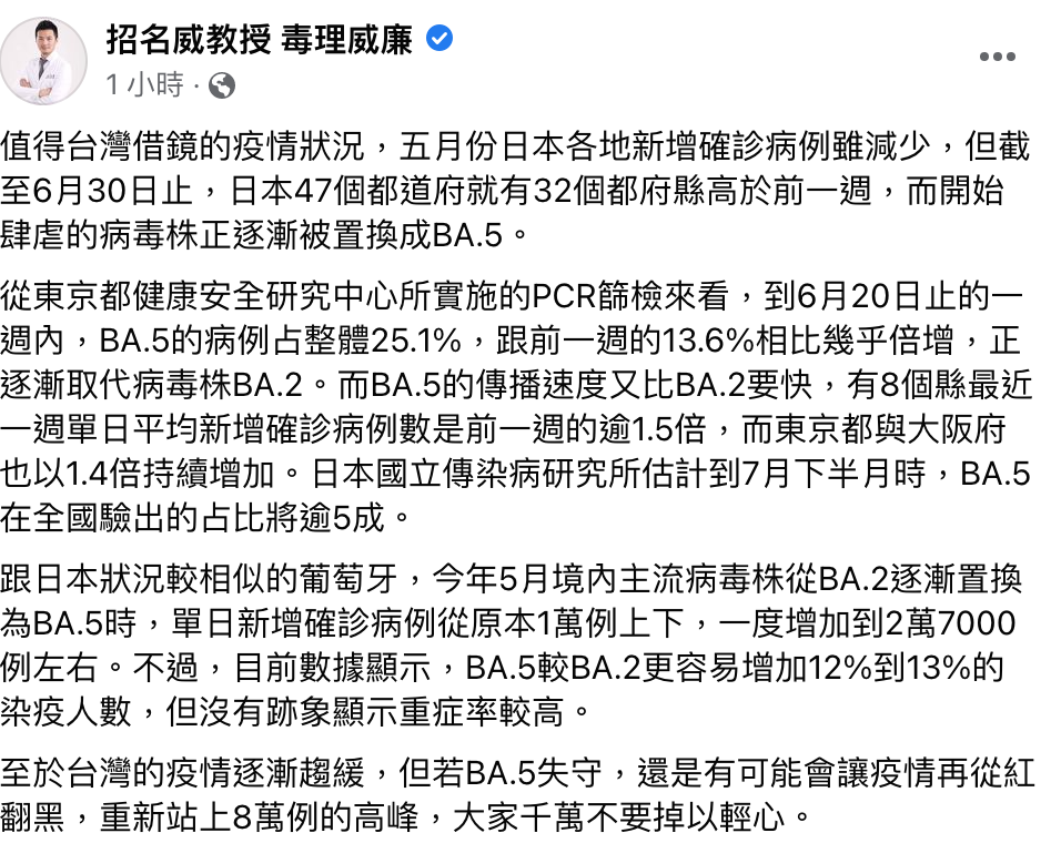 毒理專家招名威表示，以日本疫況狀況來看，若BA.5失守，還是有可能重新站上8萬例的高峰！ 圖：翻攝自 招名威教授 毒理威廉/臉書專頁