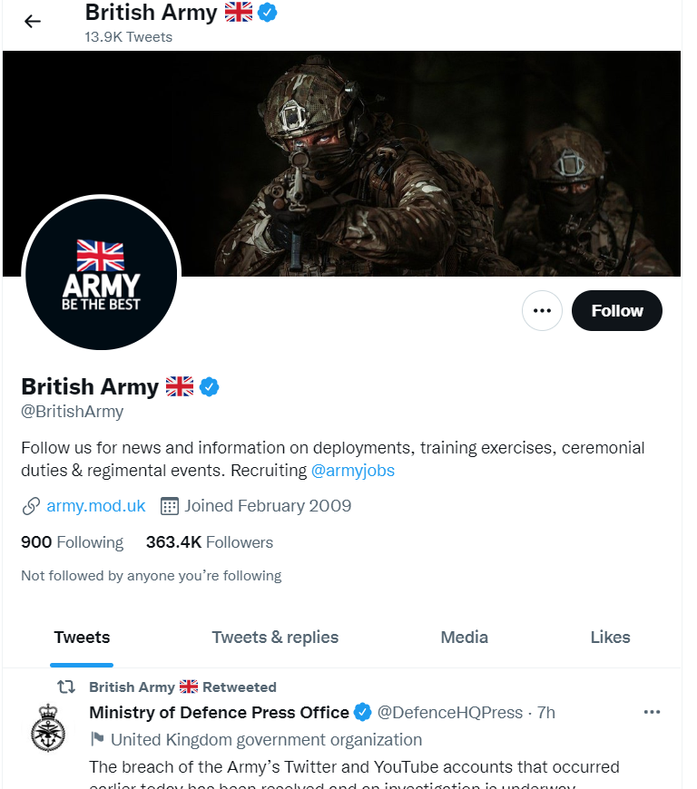 英國陸軍的推特現在已經恢復正常。 圖:翻攝自推特