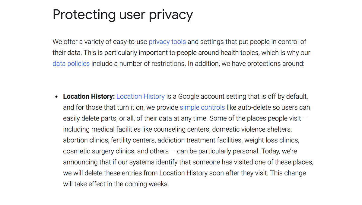 Google將刪除用戶去過的墮胎診所、生育中心等醫療相關場所的位置紀錄。