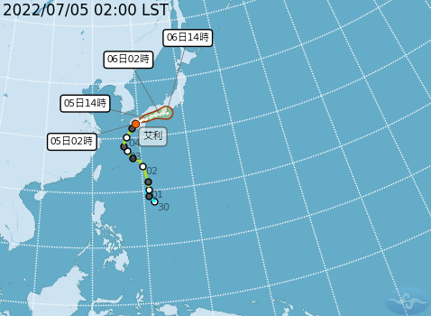 輕颱艾利今天凌晨2時的位置，在日本長崎西南西方50公里海面上，也就是台北東北方1140公里海面上，越來越遠離台灣。 圖：中央氣象局/提供
