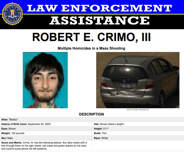 警方在確認槍手身分為克里默三世（Robert E. Crimo III）幾小時之後已將他逮捕。 圖：FBI提供