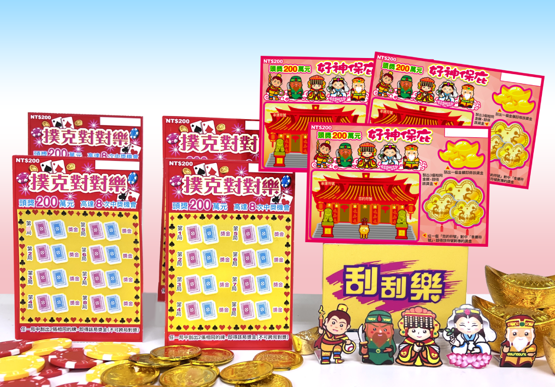 台灣彩券公司於今（5）日全新刮刮樂「好神保庇」及「撲克對對樂」，總獎項超過259萬個，總獎金逾9.7億元。