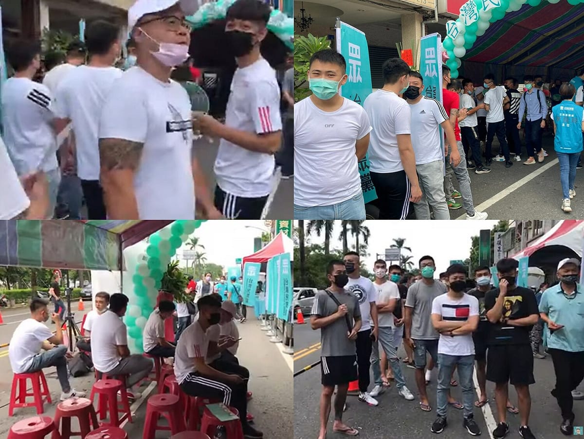 根據劉宇臉書的截圖，民眾黨屏東造勢現場出現不少年輕人，幾乎一式的白色T恤，很多袖口上都還有條紋，而其中有人手臂上的紋身相當醒目（左上圖中）。 圖：翻攝自劉宇臉書