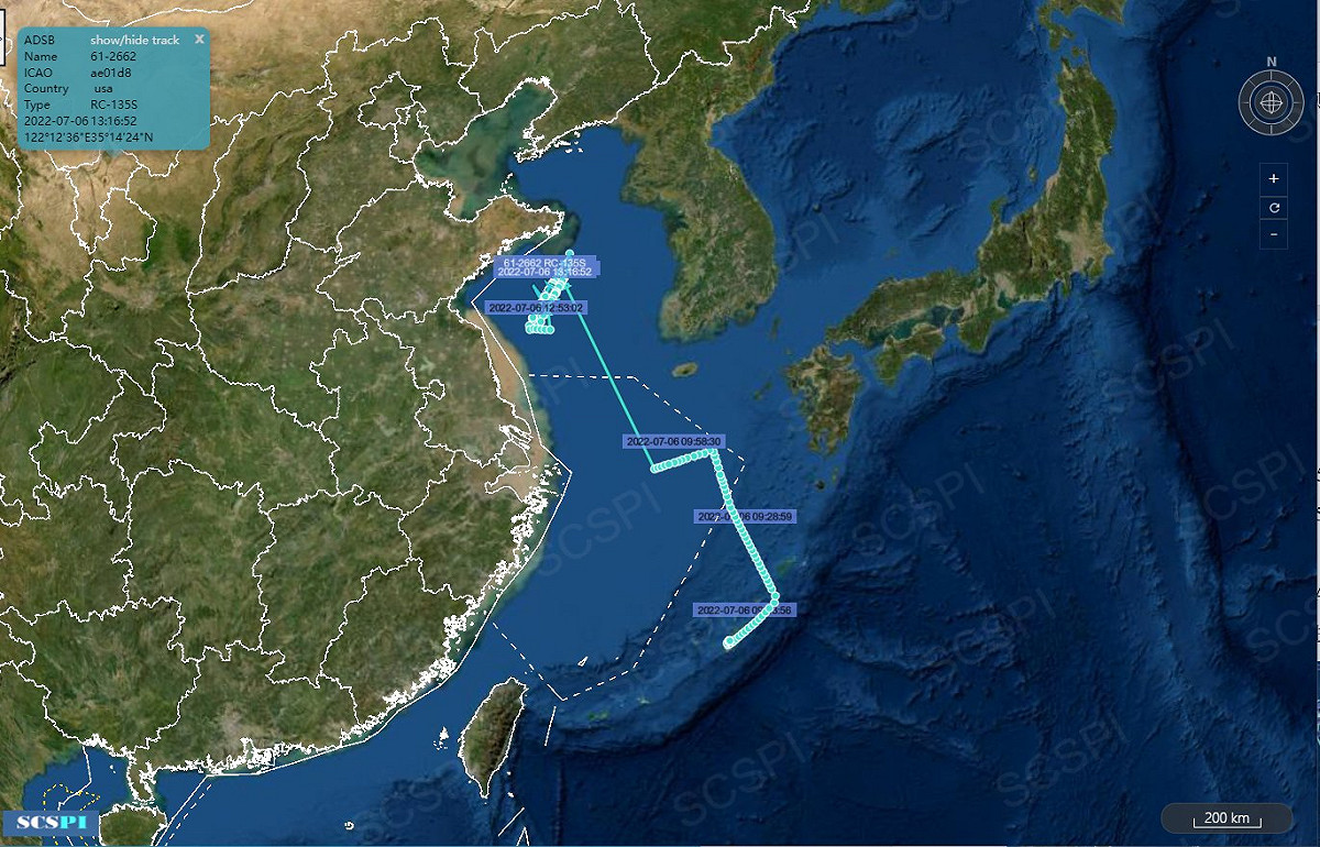 南海戰略態勢感知計劃平台發布航跡圖，稱美國空軍RC-135S在黃海「運行」。 圖：翻攝 SCS Probing Initiative推特
