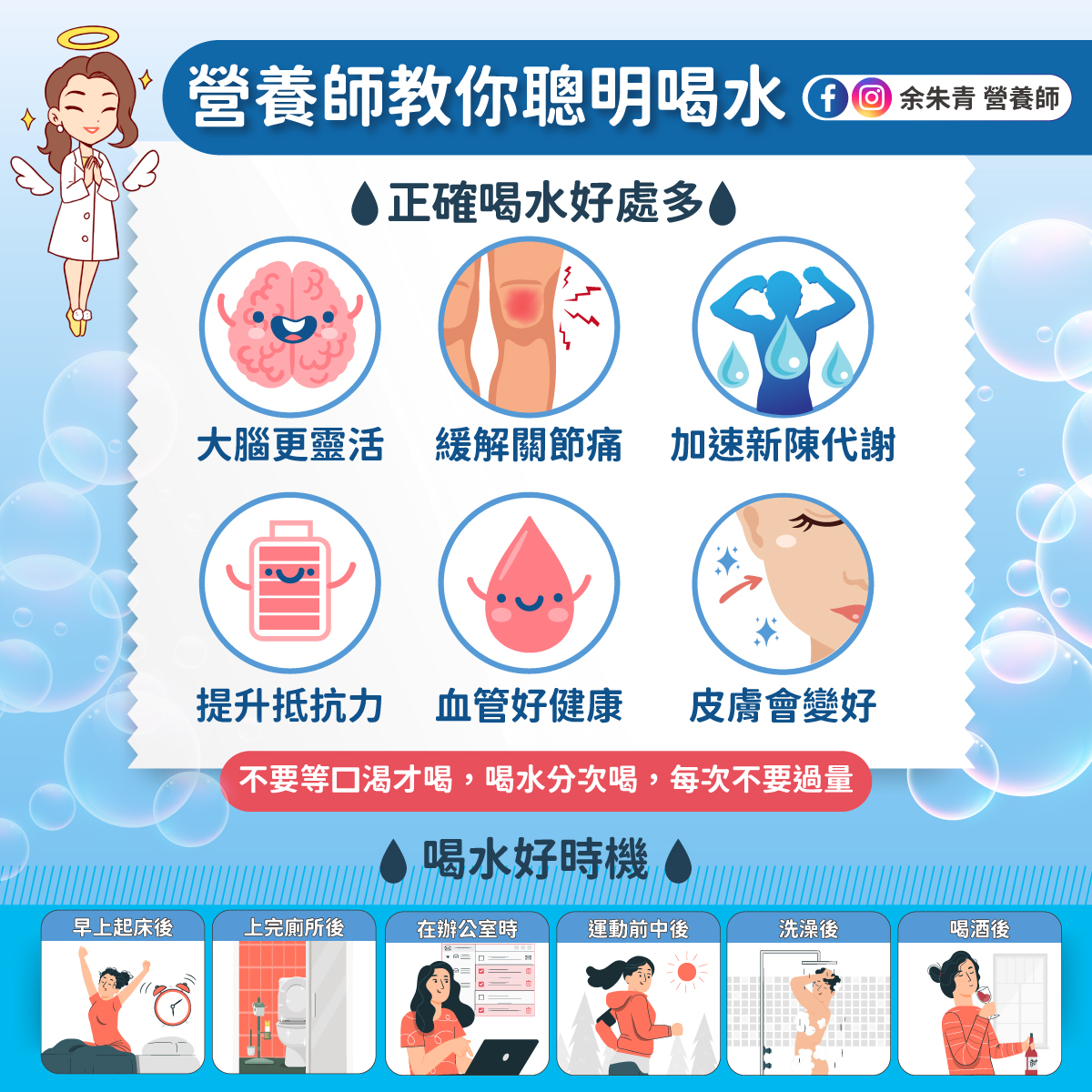 營養師余朱青今在臉書上發文表示，喝水的好處非常多，並分享聰明喝水的方法。 圖：翻攝自余朱青 營養師 臉書專頁