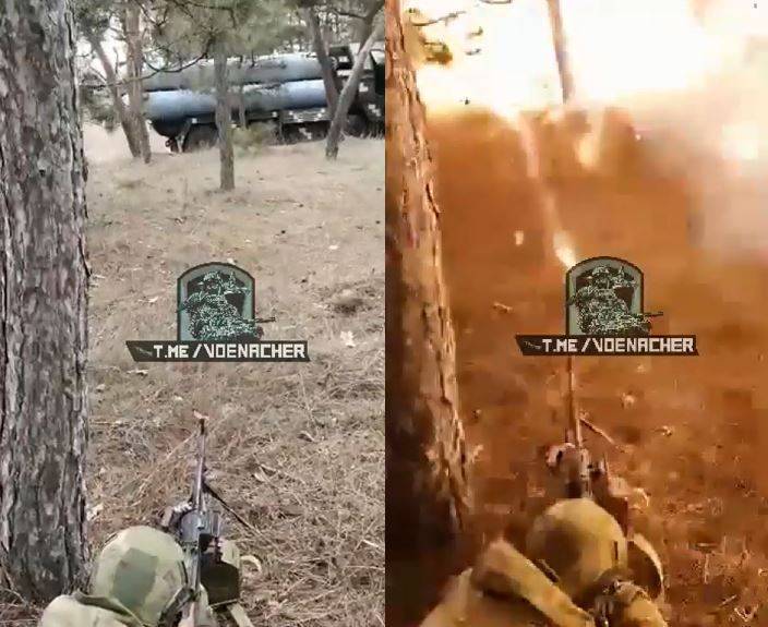 一名俄軍士兵距離射擊烏克蘭軍隊的廢棄防空飛彈發射車，當場引爆彈筒裡的彈藥。 圖：翻攝推特