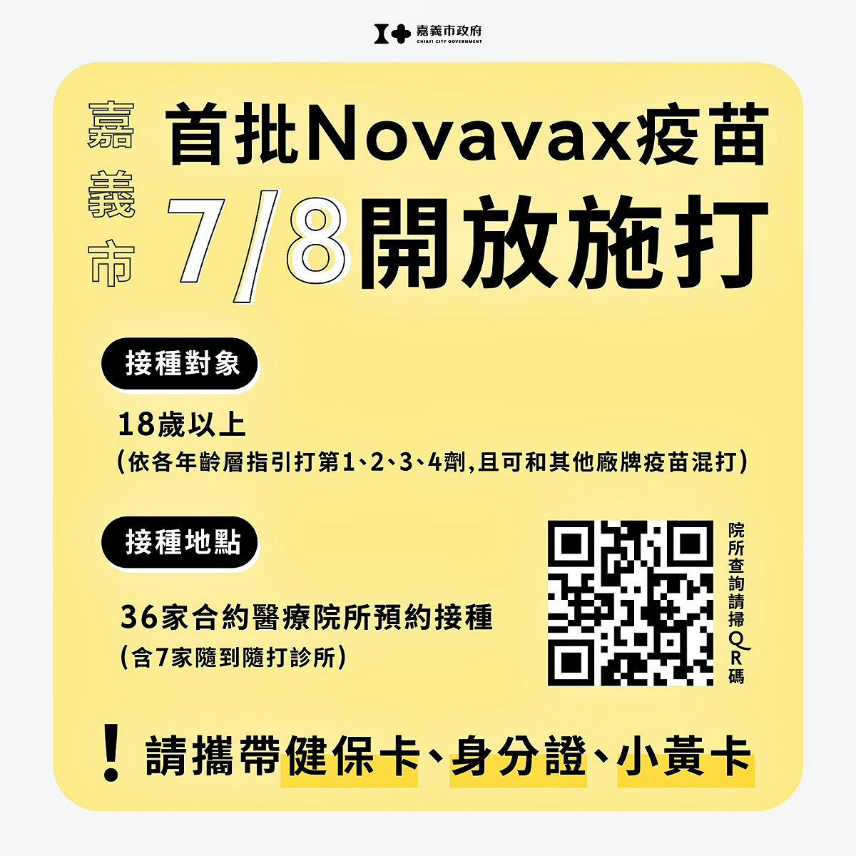 嘉義市首批Novavax（諾瓦瓦克斯）疫苗，今（8）日開打。 圖：嘉義市政府/提供