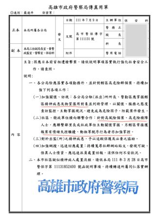 高雄市警局的公文惹出歧視精神疾病病人的爭議。 圖:翻攝自谷百合臉書