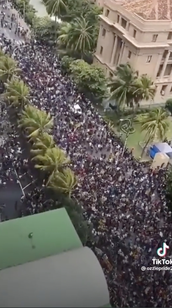 空拍畫面中，官邸四周人頭攢動，近十萬積怨已久的示威者齊聲吆喝領導人下台。 圖：截自推特@Des3650