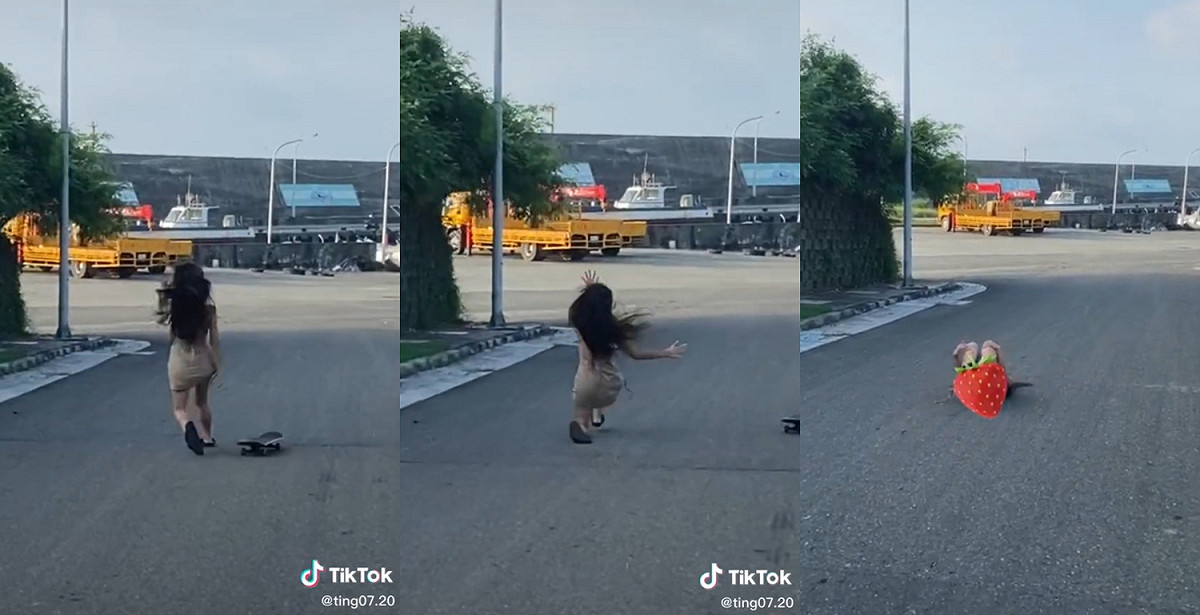 方婷慘摔在地還不慎走光。 圖：翻攝自TikTok/ting07.20