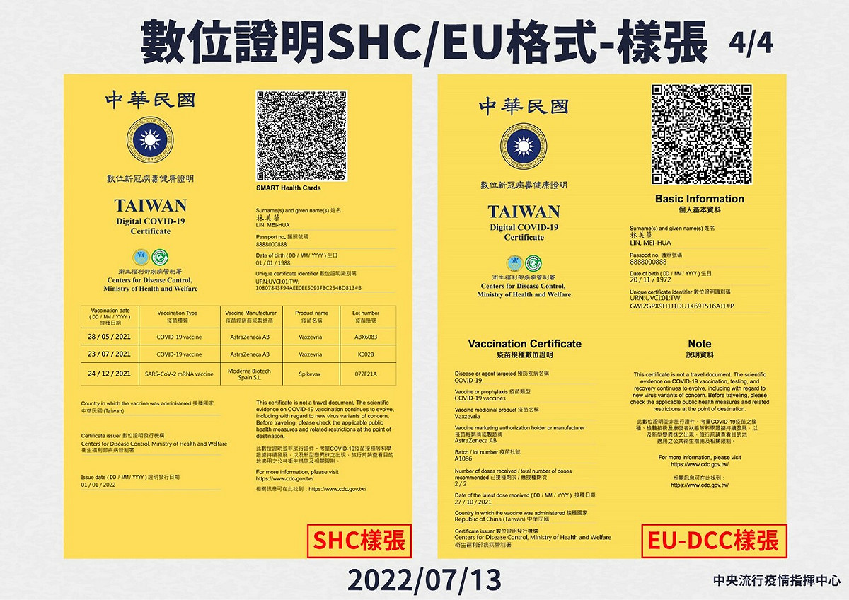 新冠病毒健康數位證明之樣張。
