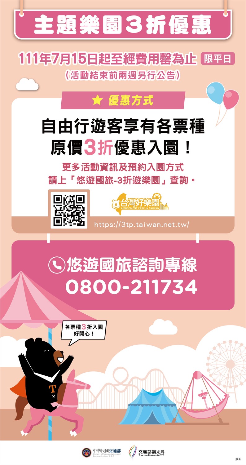 交通部「悠遊國旅補助方案」，觀光遊樂業入園享有三折或更低的入園優惠。