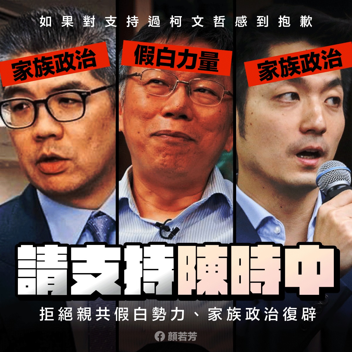 顏若芳表示，8年來，許許多多在當年曾相信柯文哲滿嘴屁話的人，都非常後悔，現在更要全力支持全力守護台灣的陳時中。 圖：取自顏若芳臉書