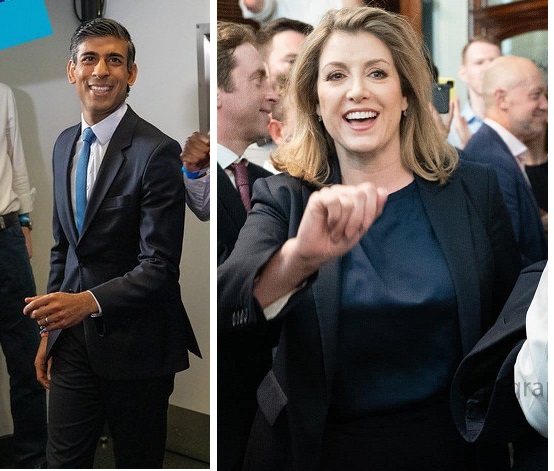 英國保守黨選舉新黨魁，首輪投票結果出爐，由前財政大臣蘇納克（左圖）與國際貿易副大臣摩丹特（右圖前）分居1、2名。 圖：翻攝自臉書/新頭殼合成