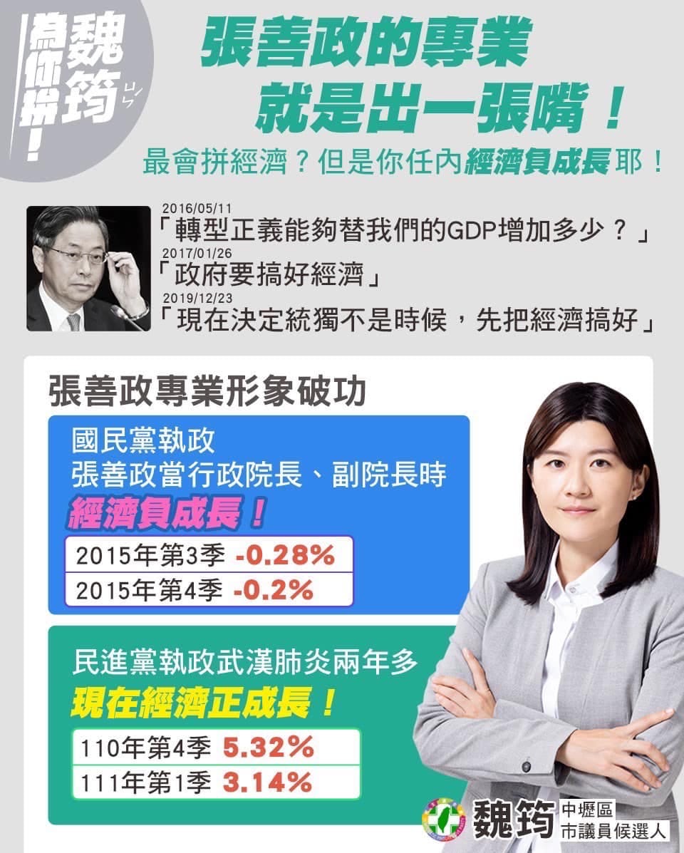 民進黨桃園市議員參選人魏荺今（14）日直言，「國民黨覺得我們桃園人都沒出過社會嗎？學經歷好又不代表會做事」。 圖：取自魏荺臉書