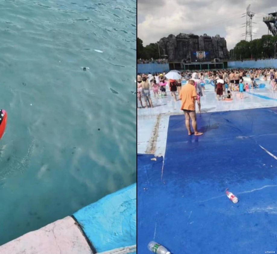 中國水上樂園水質骯髒，漂浮物隨處可見。 圖：翻攝自《藍鯨財經》