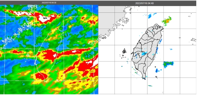 今晨4：30紅外線色調強化雲圖顯示，台灣上空佈滿透光的高雲(卷雲、卷層雲)(左圖)。4：40雷達回波合成圖顯示，西南沿海有弱降水回波(右圖)。 圖/「三立準氣象．老大洩天機」專欄
