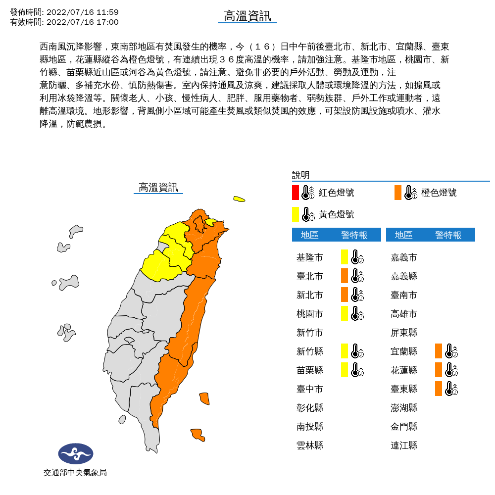 中央氣象局對9縣市發布高溫特報。 圖：中央氣象局／提供
