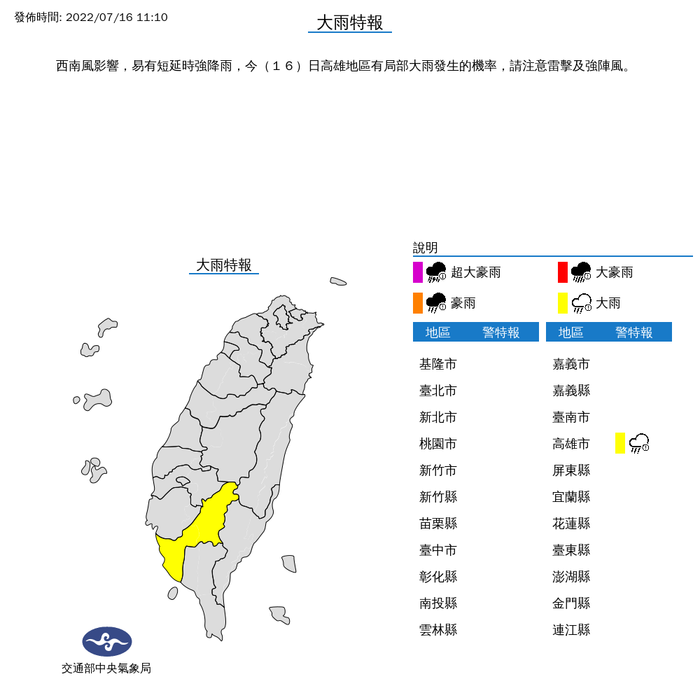 中央氣象局對高雄發布大雨特報。 圖：中央氣象局／提供