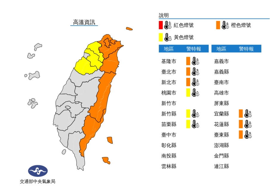 九縣市亮高溫燈號。 圖/中央氣象局