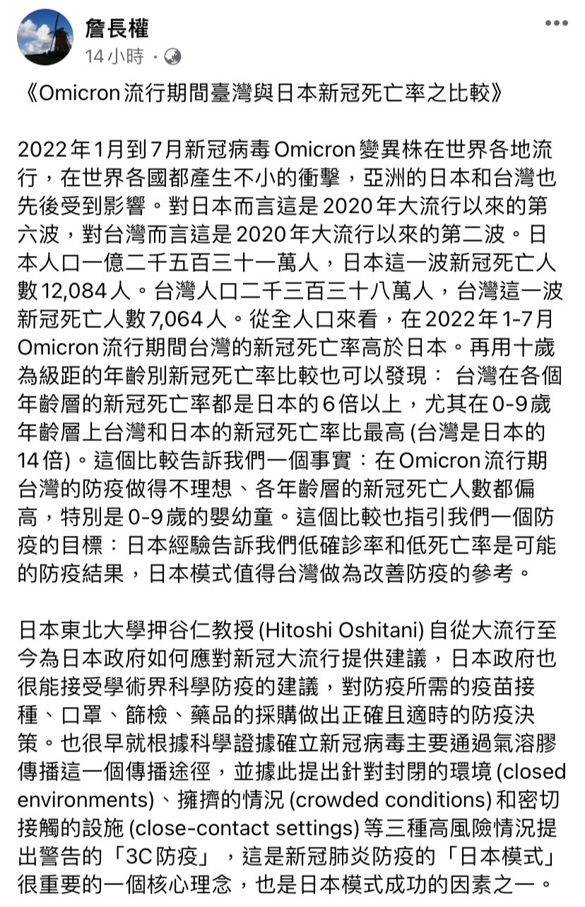 台大公衛學院教授詹長權昨（16）日在臉書貼出《Omicron流行期間臺灣與日本新冠死亡率之比較》。 圖：擷取自詹長權臉書