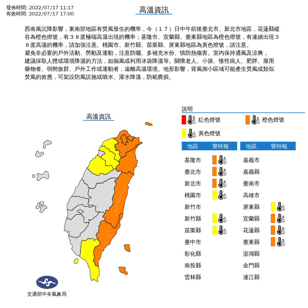 雙北、花蓮可能出現38度高溫，基隆、宜蘭、台東，可能會連續出現36度高溫的情況；桃園、新竹、苗栗、屏東可能會出現36度以上高溫。 圖：中央氣象局／提供