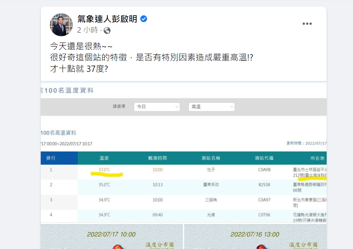 氣象達人彭啟明在臉書發文好奇台北社子早上10點就出現37度高溫的原因。 圖：翻攝自氣象達人彭啟明Facebook