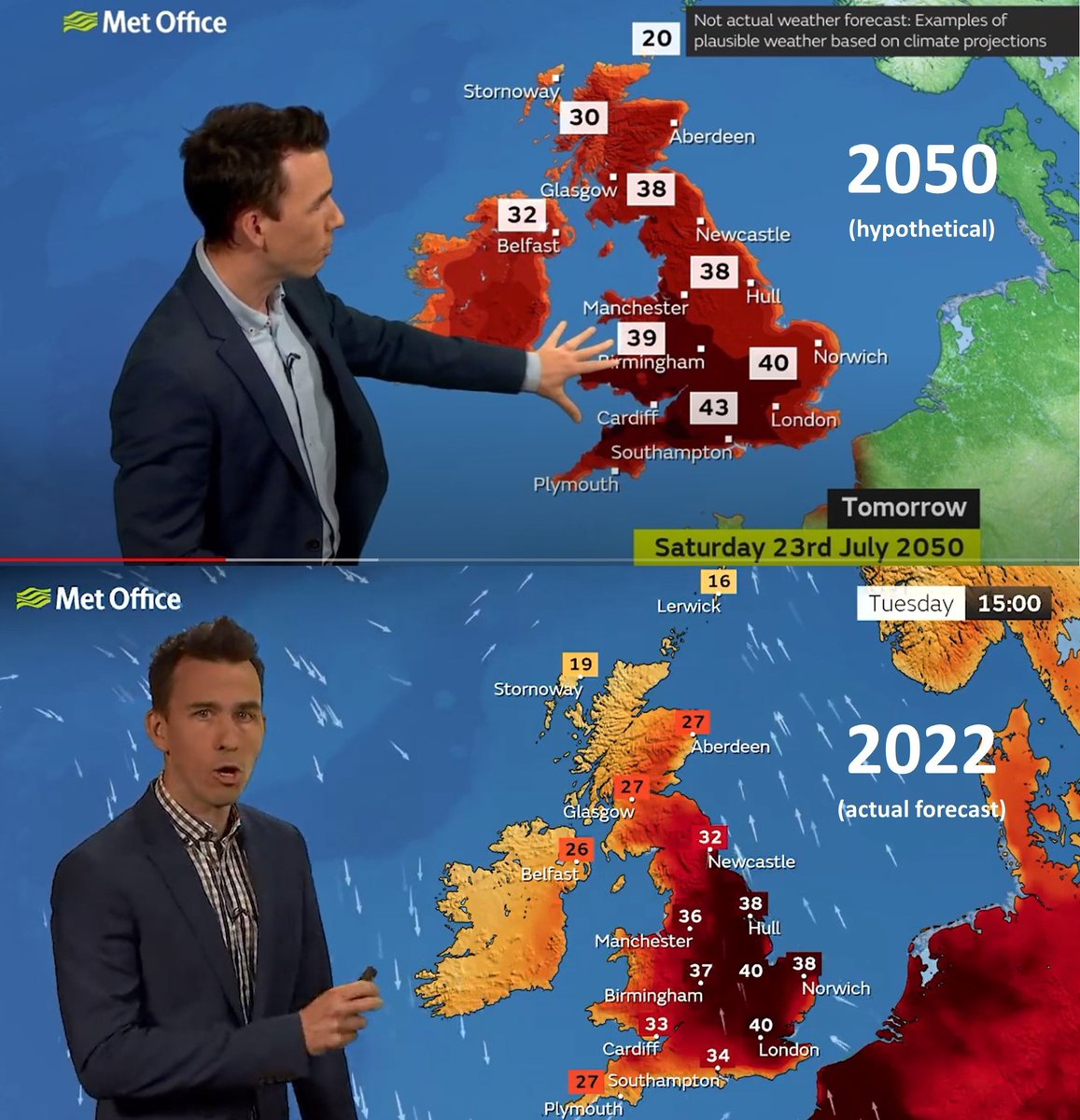 英國氣象局推測的 2050 年 7 月 23 日氣溫與當地下週二的天氣預報幾乎完全相同，該國氣象學家或將有史來首次發布「紅色」高溫警告。 圖：擷自推特@SimonLeeWx