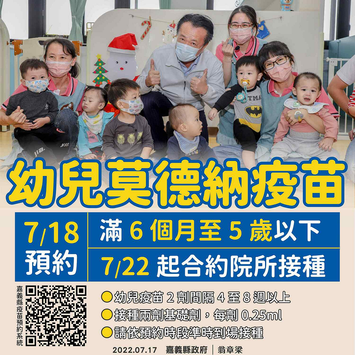 嘉義縣6個月以上至5歲幼兒莫德納18日起預約，22日開打。 圖：嘉義縣政府/提供