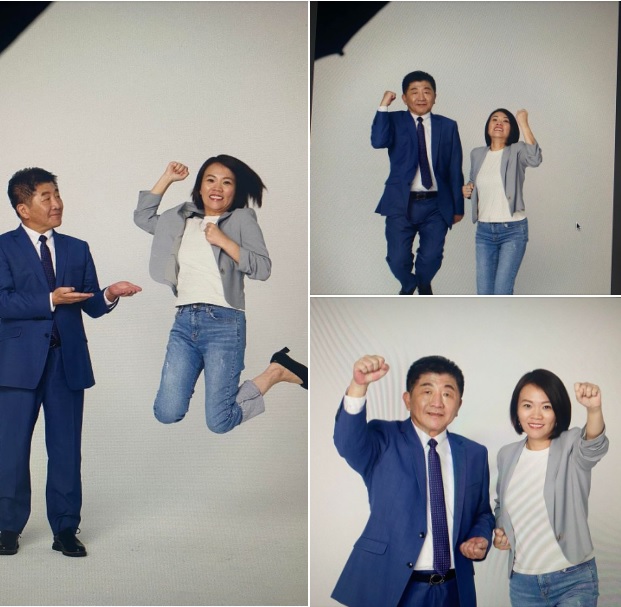 台北市議員簡舒培（右）拍競選定裝照，揪陳時中馬力歐跳，高喊「市長換阿中，首都躍起來」，陳時中全力配合。 圖：翻攝自簡舒培臉書