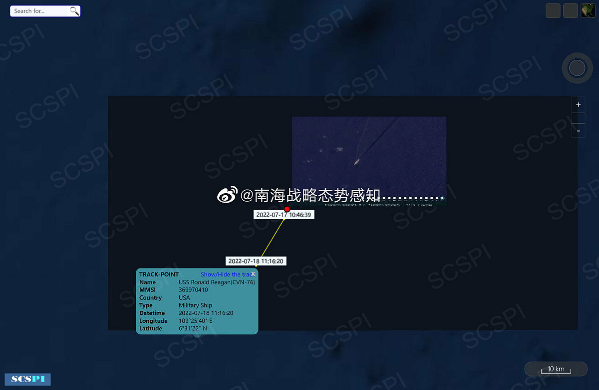 南海戰略態勢感知指出，美海軍「雷根」號（USS Ronald Reagan）航母打擊群逗留在萬安灘附近。 圖：翻攝自南海戰略態勢感知微博