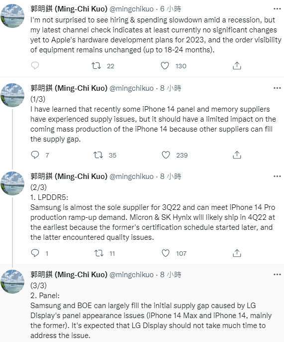 郭明錤一連串推文表示，他對蘋果在經濟衰退期間暫緩招聘和減少支出並不感到驚訝，目前蘋果2023年的硬體研發計畫還沒有發生重大變化。 圖：翻攝自郭明錤推特